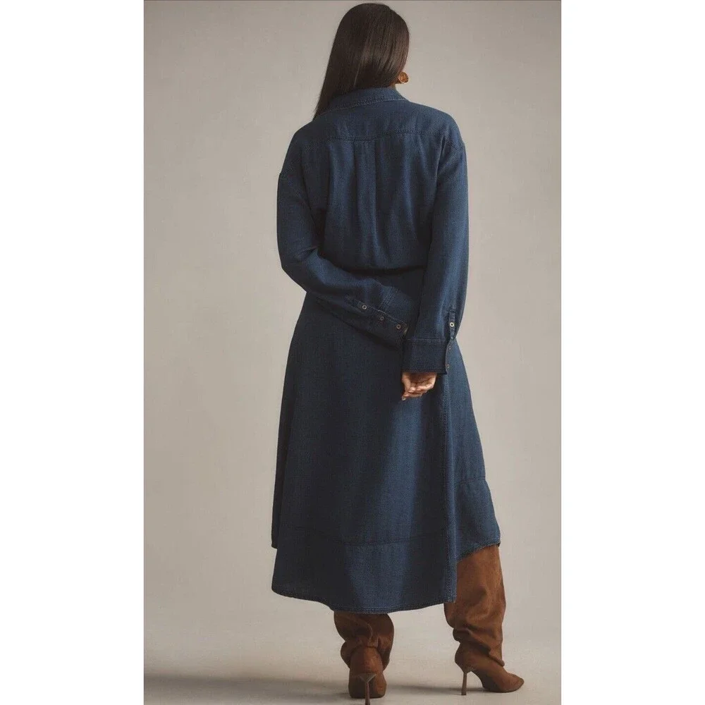 Anthropologie Pilcro Dress Wrap Midi Blue V Neck Cotton Preppy Boho Medium NWT